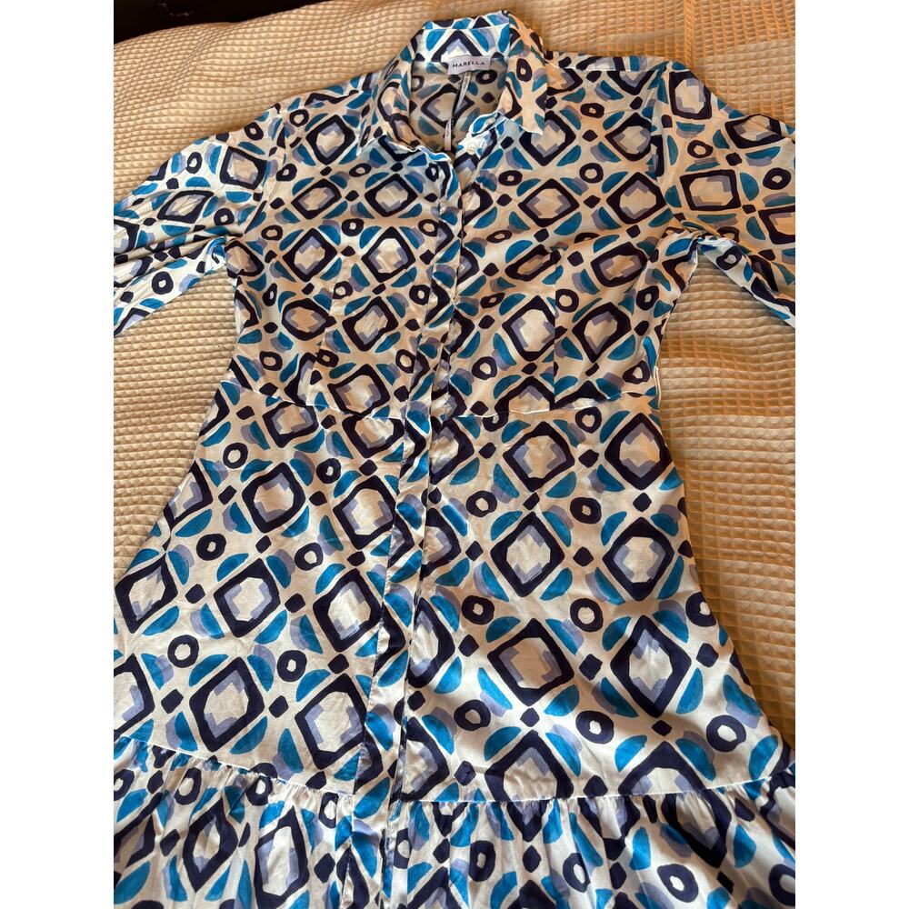 Marella Future Cotton Blue Geometric Belted Shirt Midi Dress - Picture 6 of 15